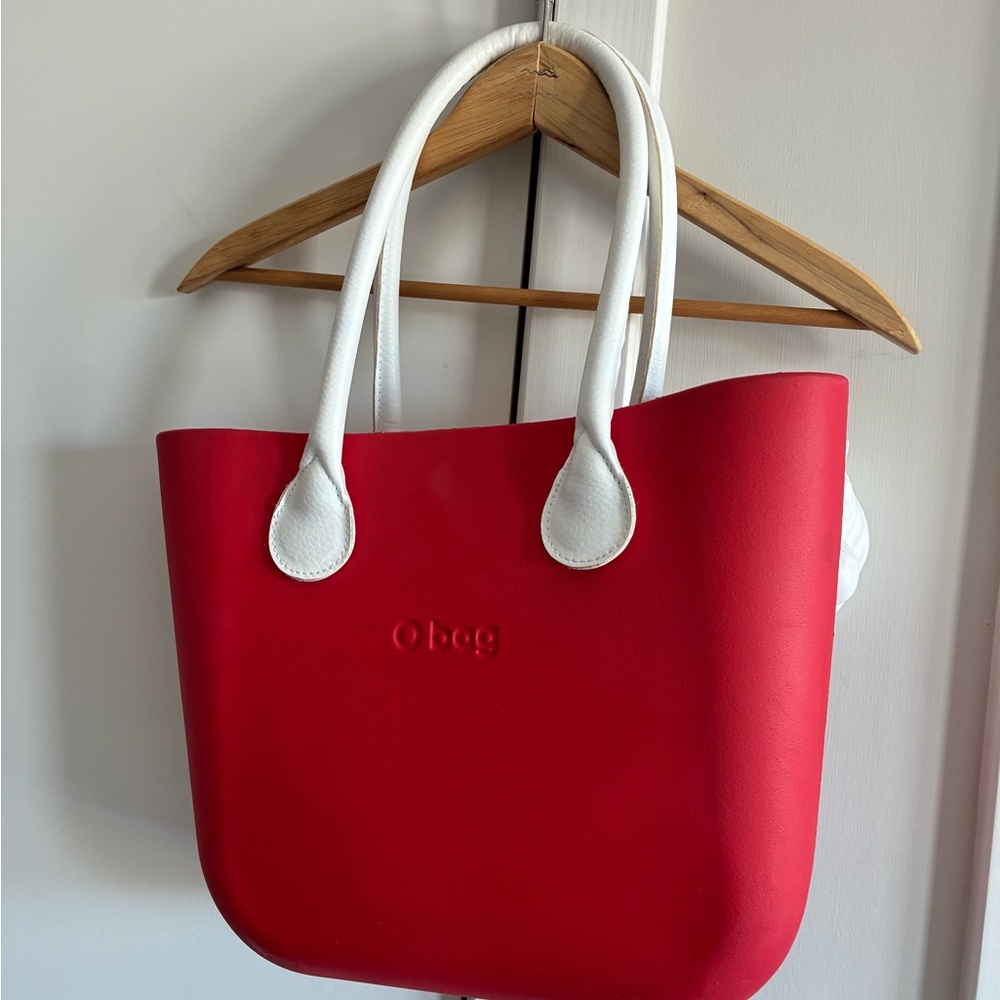Red Tote Obag with White leather Handles